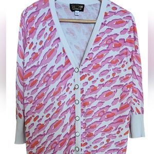 Bob Mackie Vintage 1980's  Wearable Art Cardigan Sweater  Pink Orange White LG